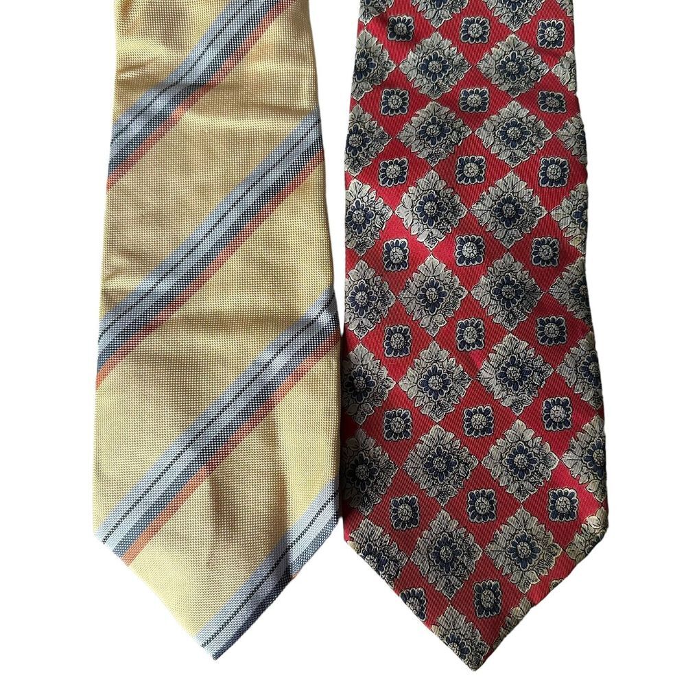 Lot Of 2 Bobby Jones Robert Talbott Neckties Red Floral‎ Print Yellow Striped